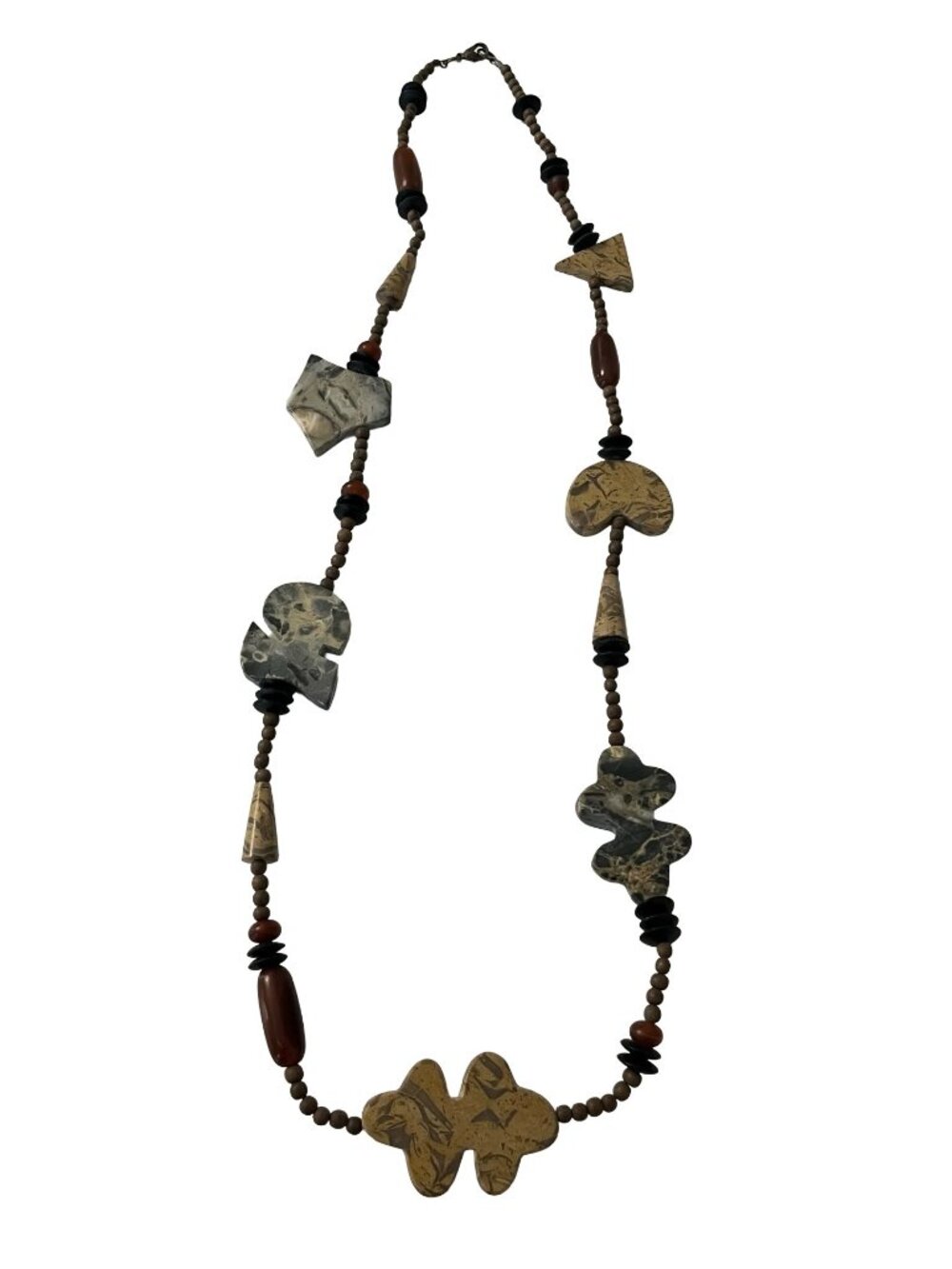 Long Boho Statement Necklace Carved Stone Beads Abstract Shapes Earth Tone 32”